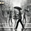 no ai hand drawn rainy day umbrella cityscape