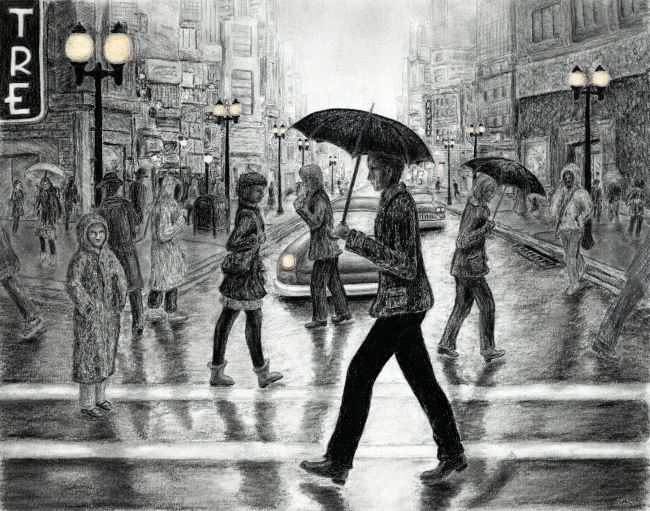 no ai hand drawn rainy day umbrella cityscape