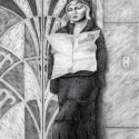 no ai. hand drawn art. a beautiful slender blonde woman in stylish long dress and fur shawl reads a newspaper while leaning on an art deco elevator door fine art charcoal drawing.