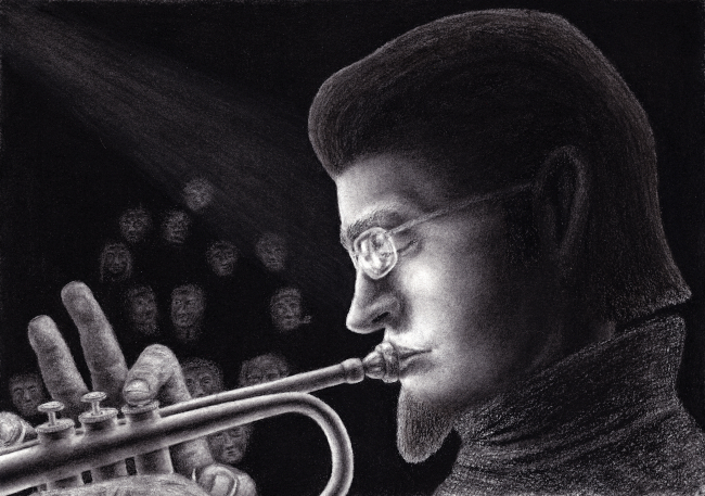 No AI hand drawn profile charcoal drawing jazz trumpet player dark nightclub music