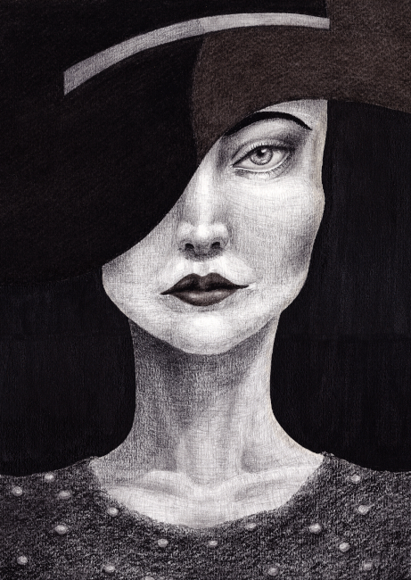 no ai. hand drawn charcoal and graphite on paper pretty girl in wide brimmed fashion hat dipped over one eye somber crosshatch style drawing