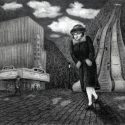 no ai. hand drawn. charcoal drawing of a woman walking across a bleak surreal cityscape. lonely grey movie theatre in the background. winter, cold charcoal drawing