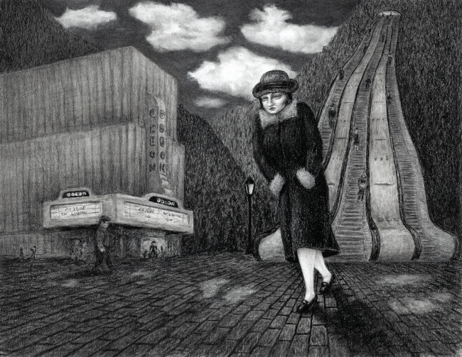 no ai. hand drawn. charcoal drawing of a woman walking across a bleak surreal cityscape. lonely grey movie theatre in the background. winter, cold charcoal drawing