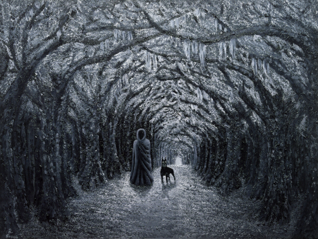NO AI textured black and white oil painting of a spooky hooded figure and a menacing dog in a dense mossy forest