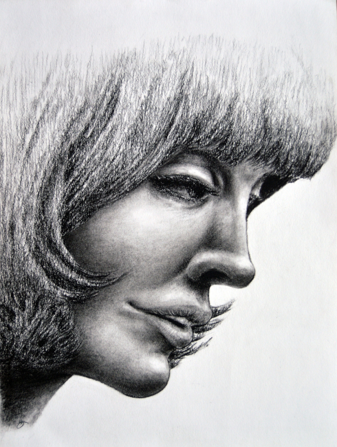 hand drawn by a human. no ai. beautiful woman face portrait profile sultry vixen babe bangs fine art charcoal drawing.