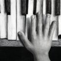 no ai. hand drawn charcoal. a young boys hand plays a broken piano.