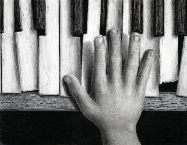 no ai. hand drawn charcoal. a young boys hand plays a broken piano.