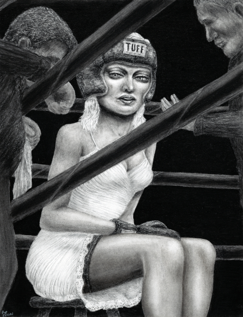 no ai, hand drawn by a human, art pretty beautiful sexy woman boxer fighter in the ring cocktail dress and stockings charcoal drawing