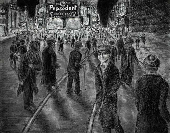 no ai hand drawn human made art. new york city people walikng in times square in winter interesting charcoal drawing