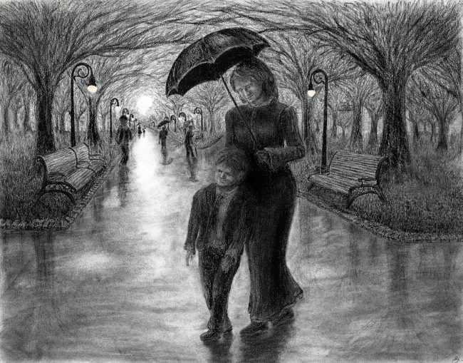 https://pauldraws.art/no-ai-hand-drawn-art-124-rainy-day-in-the-park-mother-and-son-charcoal-drawing/