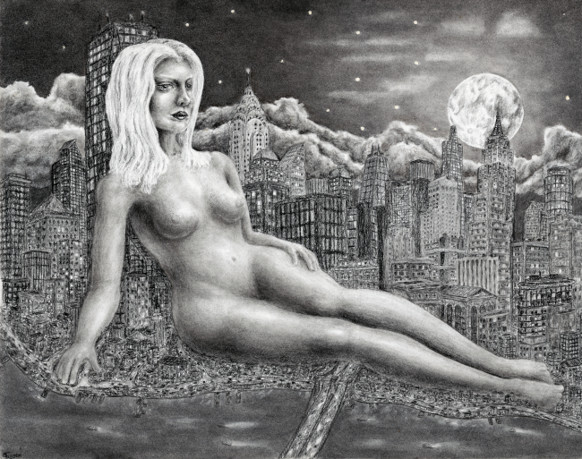 no ai hand drawn art. beautiful giant buxom nude female reclining against new york buildings surreal cityscape charcoal on paper