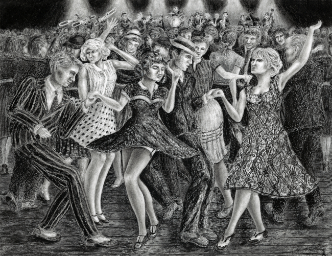 no ai hand drawn art crowd of people dancing to big band jazz swing party handsome men pretty girls