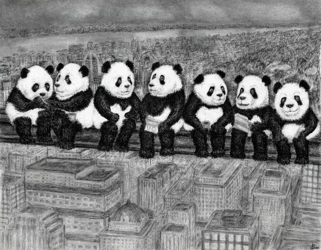 human drawn art construction worker pandas eat lunch on high rise beam famous photo parody charcoal drawing