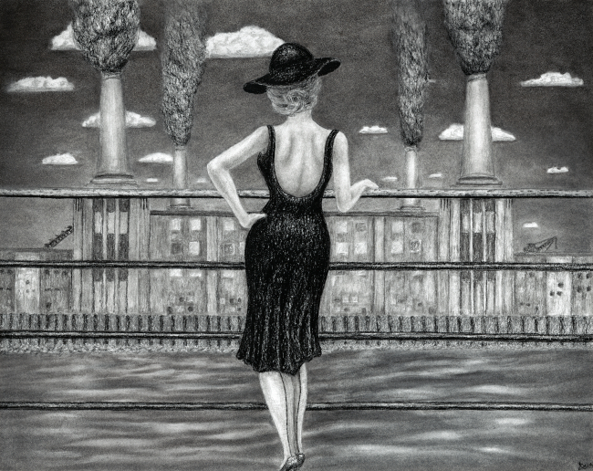 beautiful glamorous woman in backless dress looking at a smoking polluting power plant charcoal drawing hand drawn traditional art